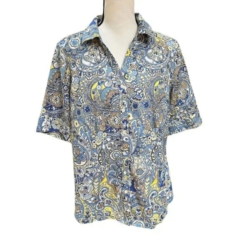 Talbots Non-Iron Womens 14Floral Paisley Abstract Button Down Shirt Short Sleeve